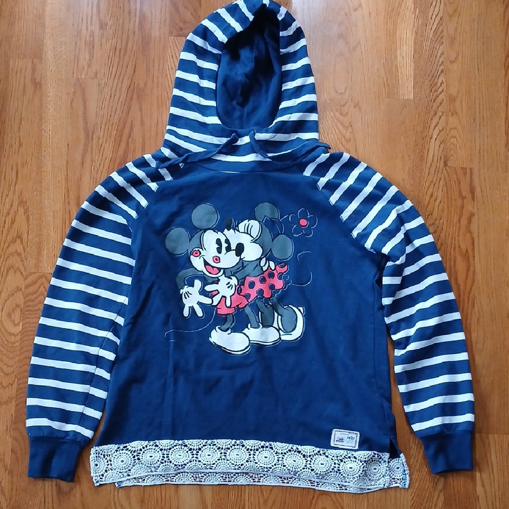 Disney Parks Navy Blue, White Striped Sleeve Kissing Minnie Mickey Hoodie Large